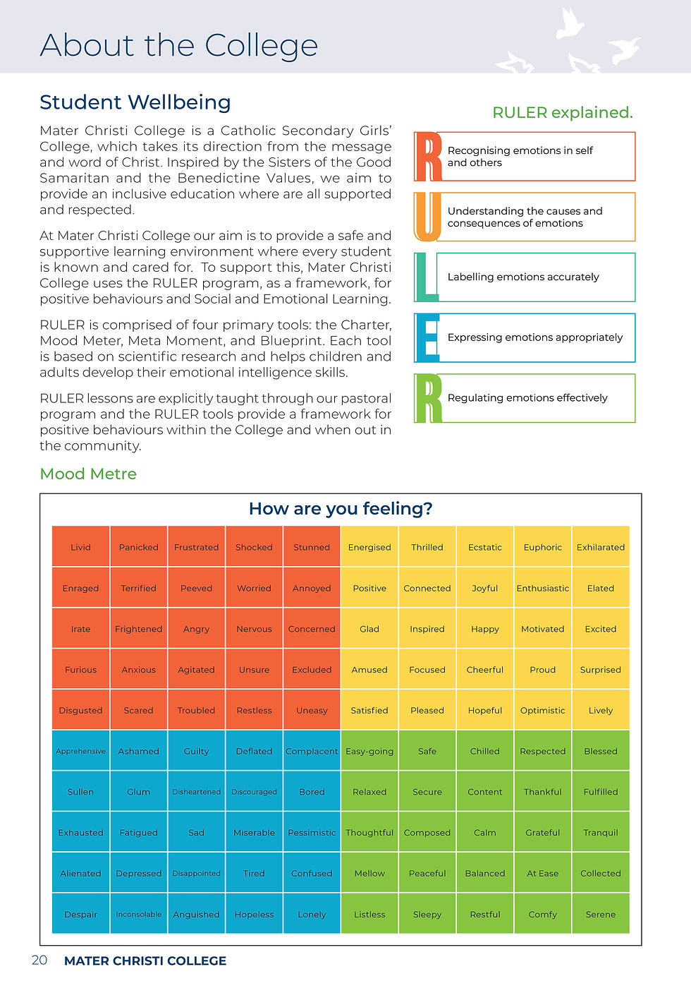Pages of a Student Diary titled 'About the College' about Student Wellbeing. Details RULER program tools and includes a colorful mood meter chart.