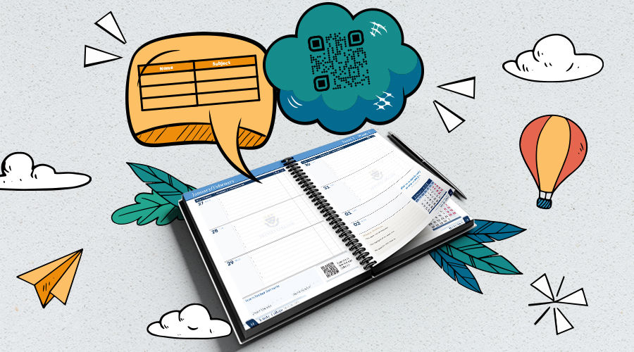 Open spiral planner with speech bubbles, QR code and table floating above. Background has clouds, leaves, paper plane, balloon. Fun mood.