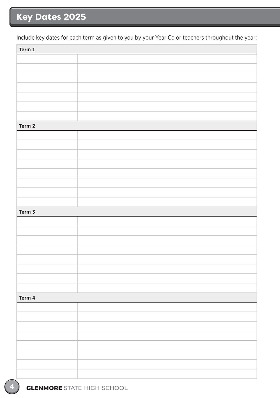 Pages from a Student Diary titled 'Key Dates 2025'. Includes blank tables for terms 1-4 to fill in key dates.