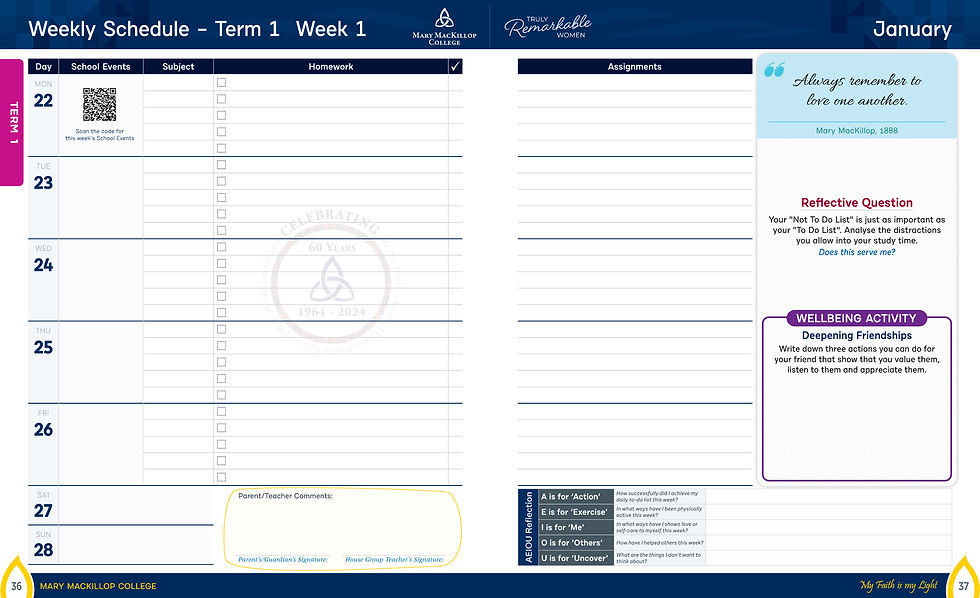 Pages from a Student Diary. Includes dates, sections for homework, assignments, and reflective activities. Includes QR Code next to the first day of the week.