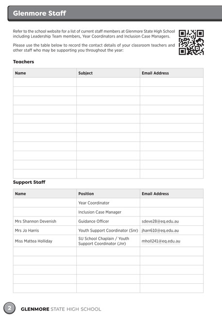 Page from a Student Diary titled 'Glenmore Staff' with a QR Code and Blank table for Teachers