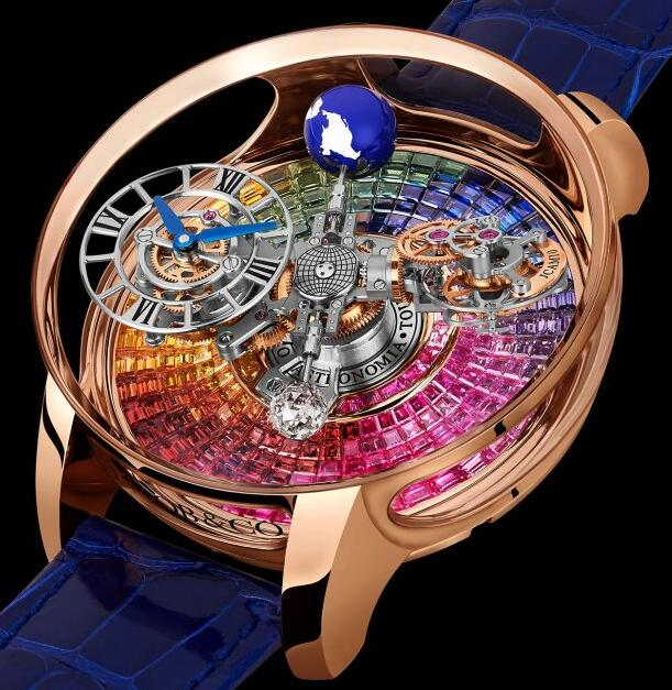 Jacob & Co. ASTRONOMIA TOURBILLON BAGUETTE RAINBOW SAPPHIRES Watch Replica AT100.40.AC.UR.A content media