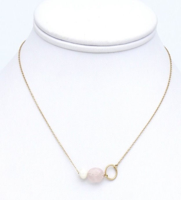 Miniature : Collier perle d'eau douce et pierre rose acier inoxydable