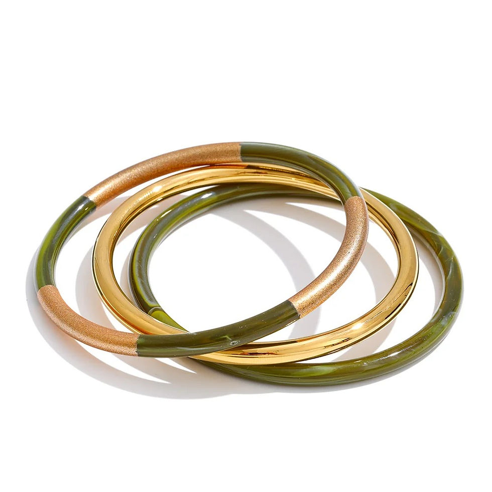 Miniature : Lot de 3 bracelets jonc en résine verte marbrée et acier doré style moderne élégant