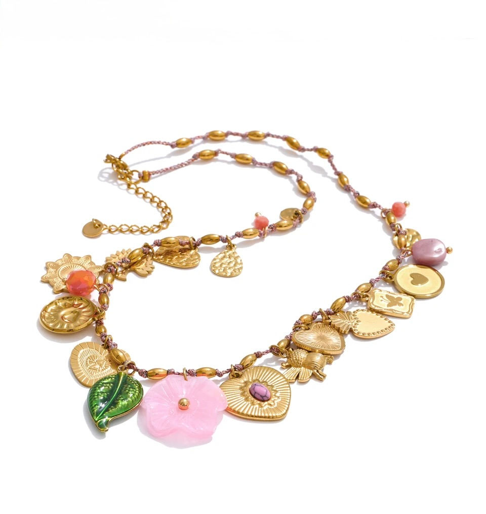 Miniature : collier charms fleurs feuilles