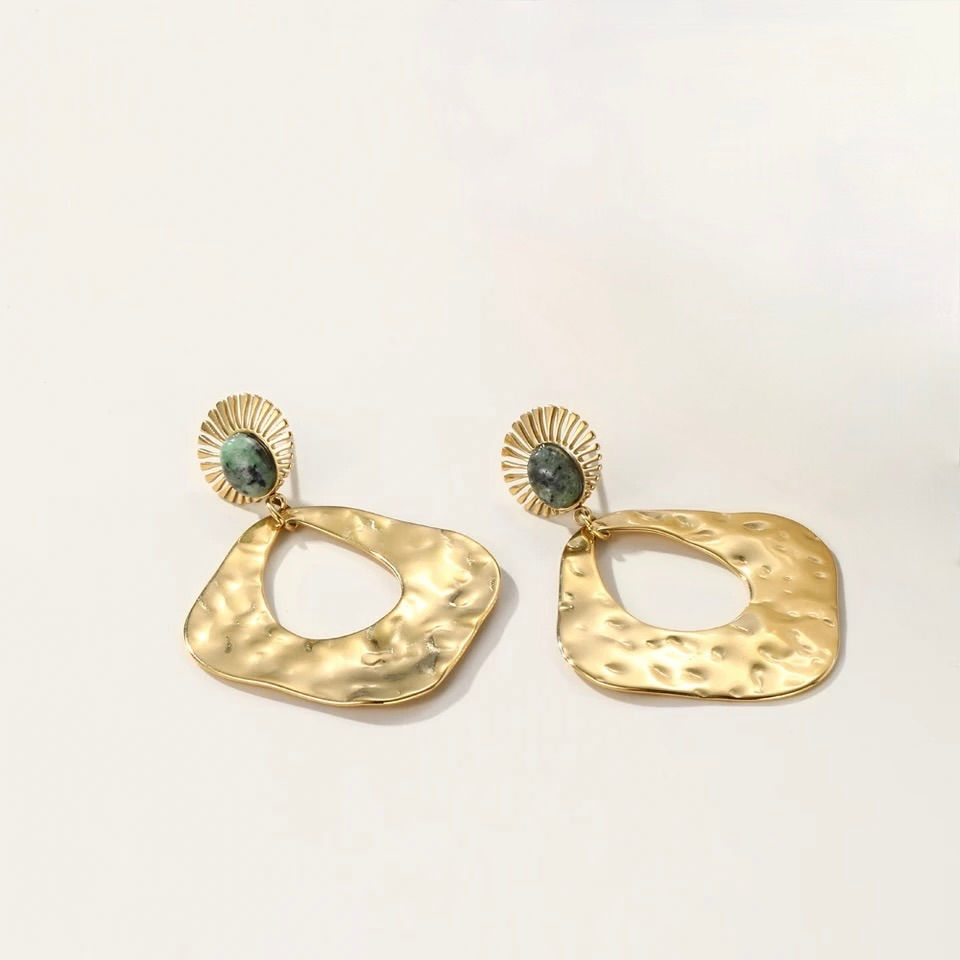 Miniature : Boucle d'oreilles martelé pierre naturelle et acier inoxydable