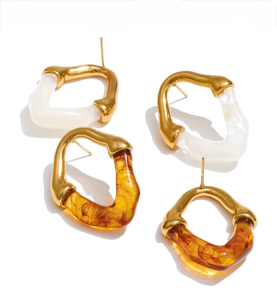 Miniature : boucle d'oreilles résine marbrée ambre et blanc