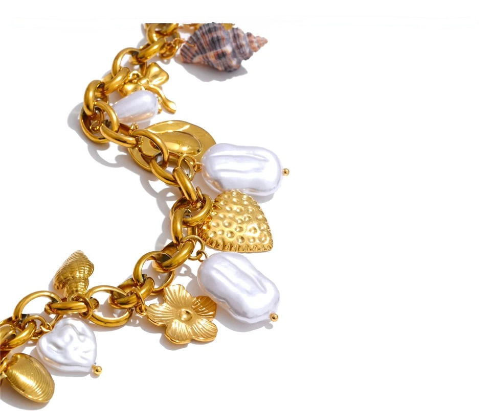 Miniature : collier breloques coquillages chaine acier inoxydable