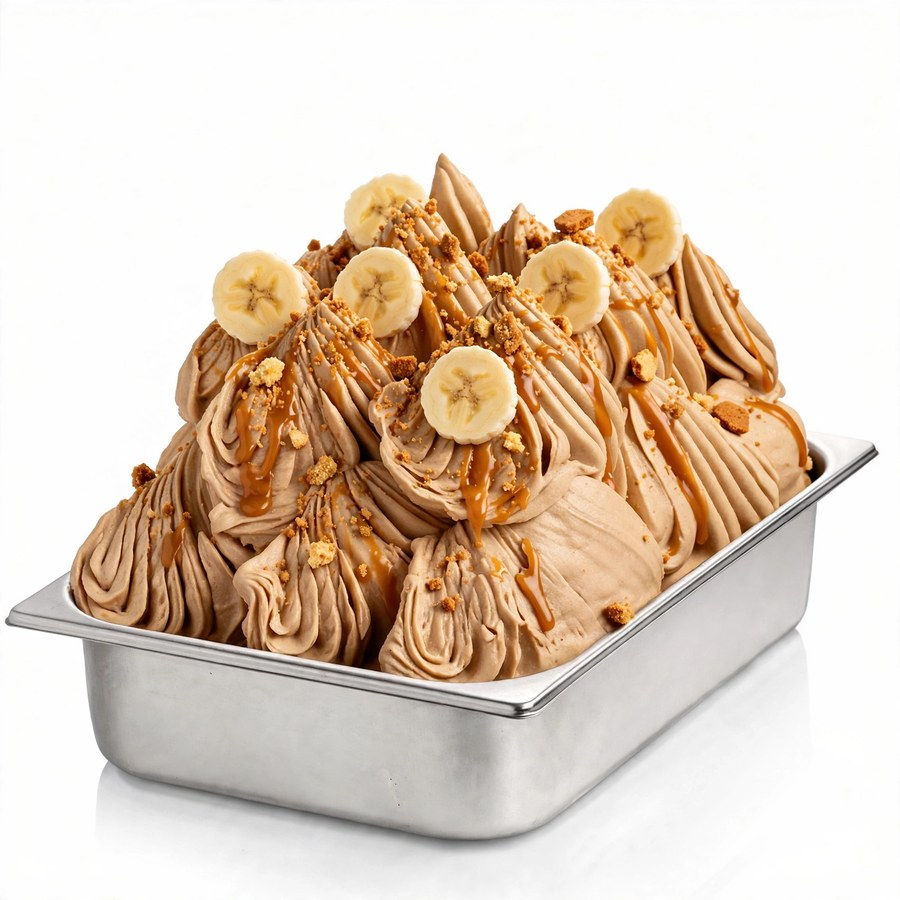 Cuba de gelado artesanal de banoffee decorada com rodelas de banana e topping de caramelo