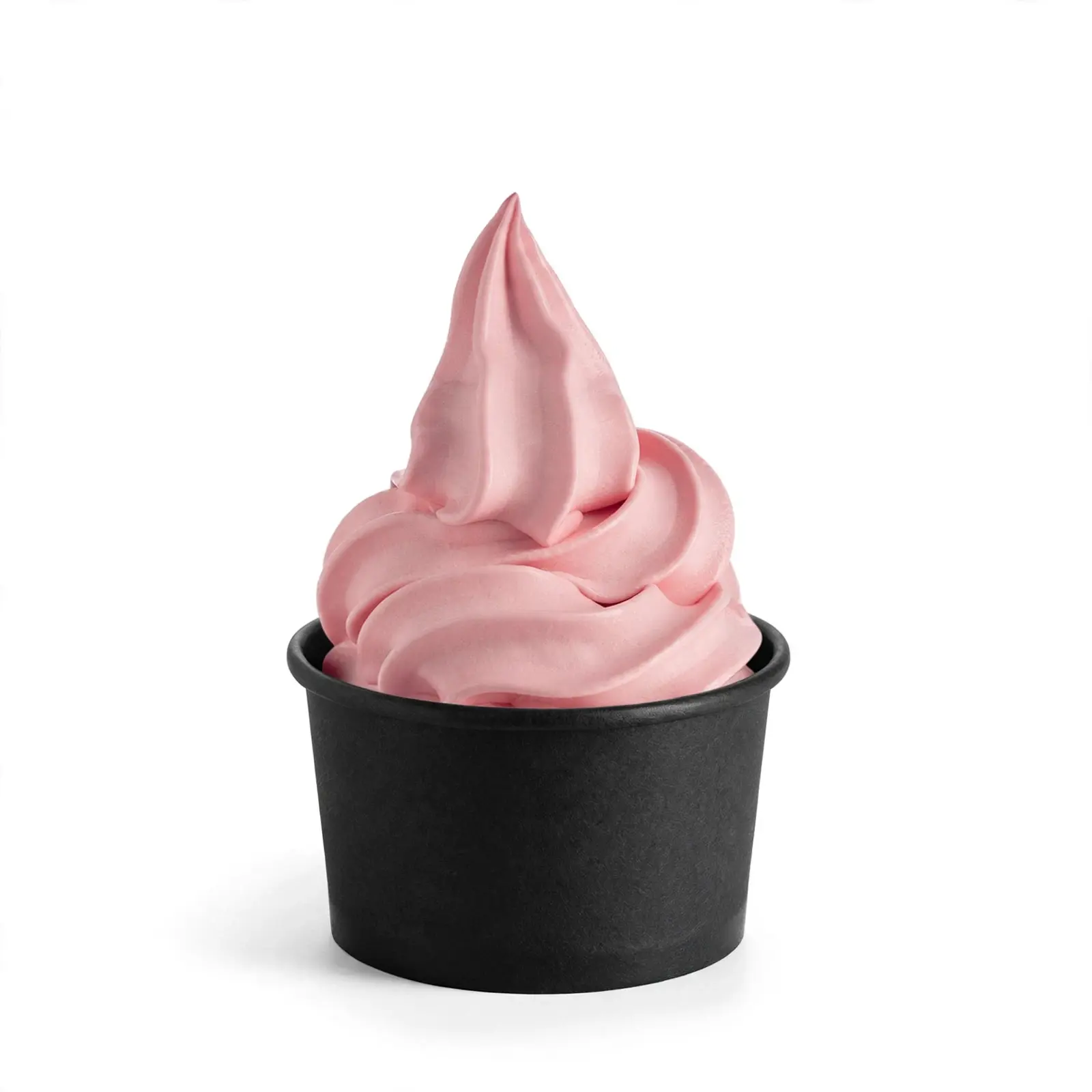 Copo de papel preto com frozen yogurt cremoso de morango em tom rosa suave