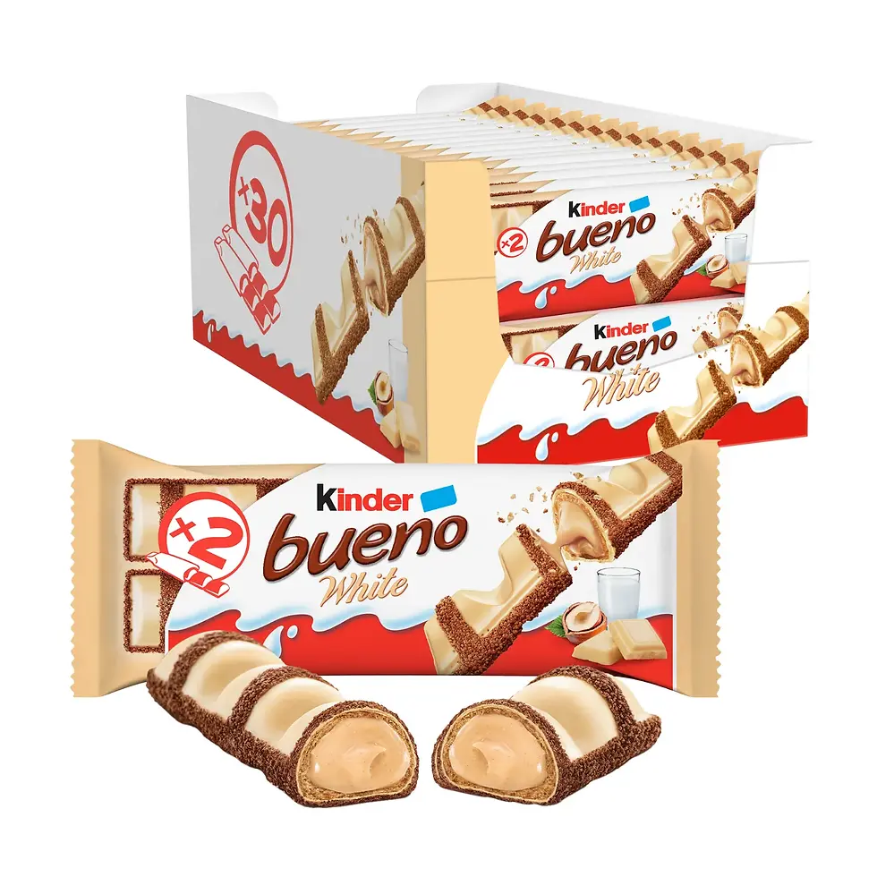 Caixa de Kinder Bueno White T2 com 30 unidades para revenda e profissionais Horeca.