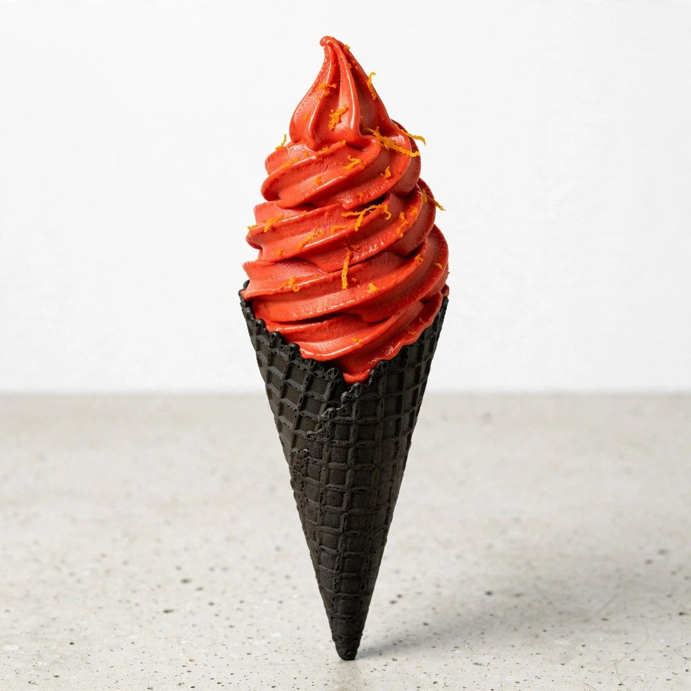 Base de gelado de banana java soft de cor vermelha em cone de bolacha preto