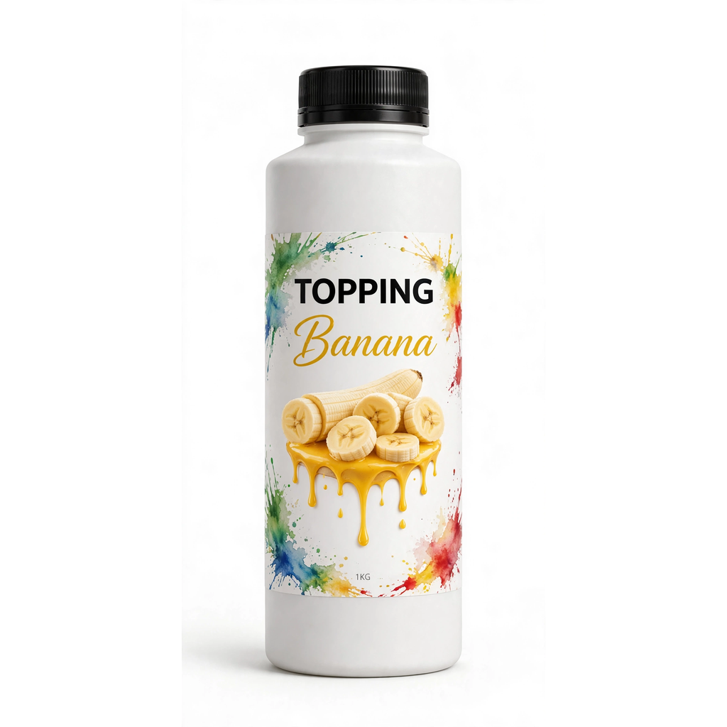 Garrafa branca de 1kg de Topping de Banana com rótulo ilustrado e tampa preta, em fundo isolado.