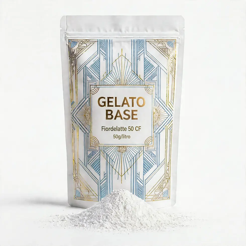 Saco de base para gelado artesanal Fiordilatte 50 C/F 2kg de média dosagem ao lado de uma tigela de gelado de leite cremoso.