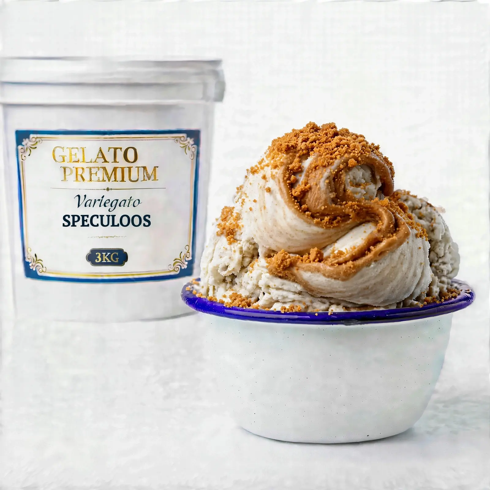 Embalagem de Variegato de Speculoos ao lado de uma tigela com gelato artesanal marmorizado, guarnecido com calda e pedaços de