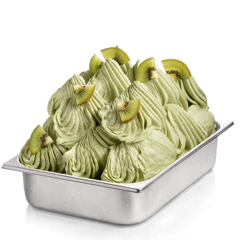 Cuba de gelado artesanal de kiwi com tom verde vibrante e decorada com rodelas de kiwi fresco