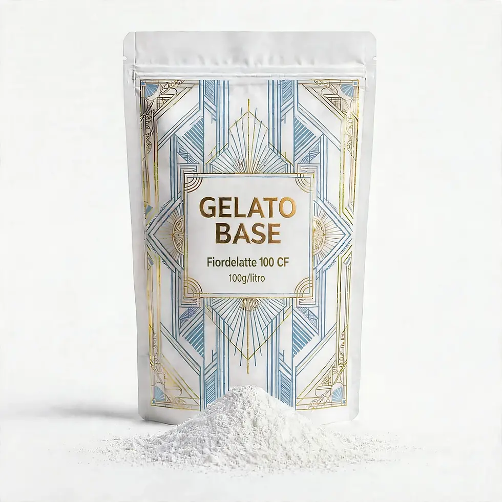 Saco de base para gelado artesanal Fiordilatte 100 C/F 2kg de média dosagem ao lado de uma tigela de gelado de leite cremoso.