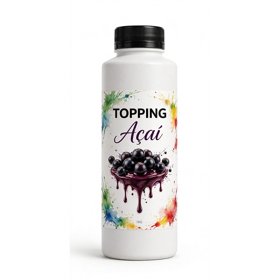 Garrafa branca de 1kg de Topping Líquido de Açaí com rótulo ilustrado e tampa preta, em fundo isolado.