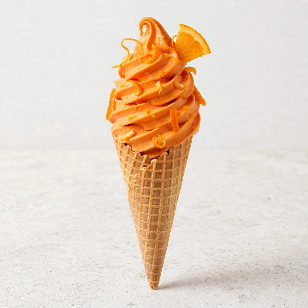 Gelado soft de laranja servido em cone de bolacha crocante, decorado com uma fatia fina de laranja e raspas.