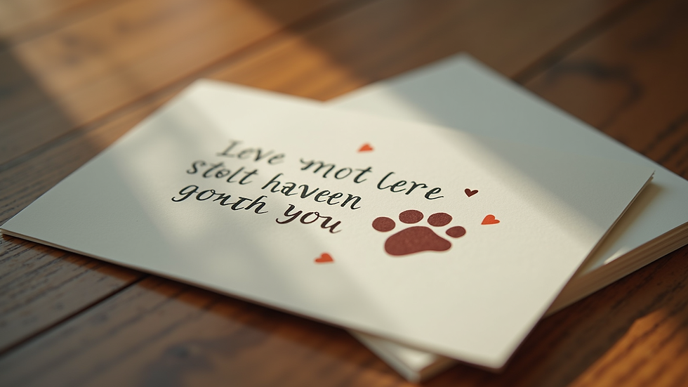 Close-up view of a remembrance card featuring a paw print and heartfelt message