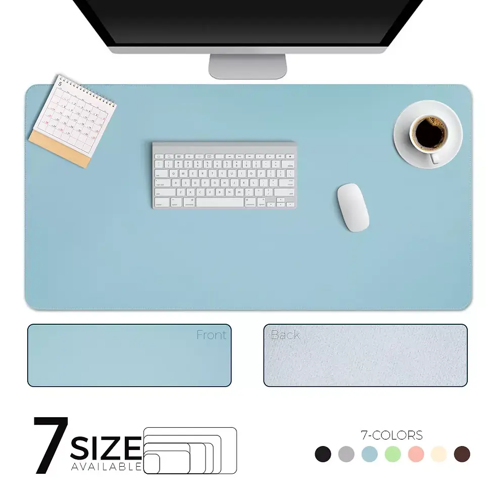 Light blue desk mat with keyboard, mouse, and monitor