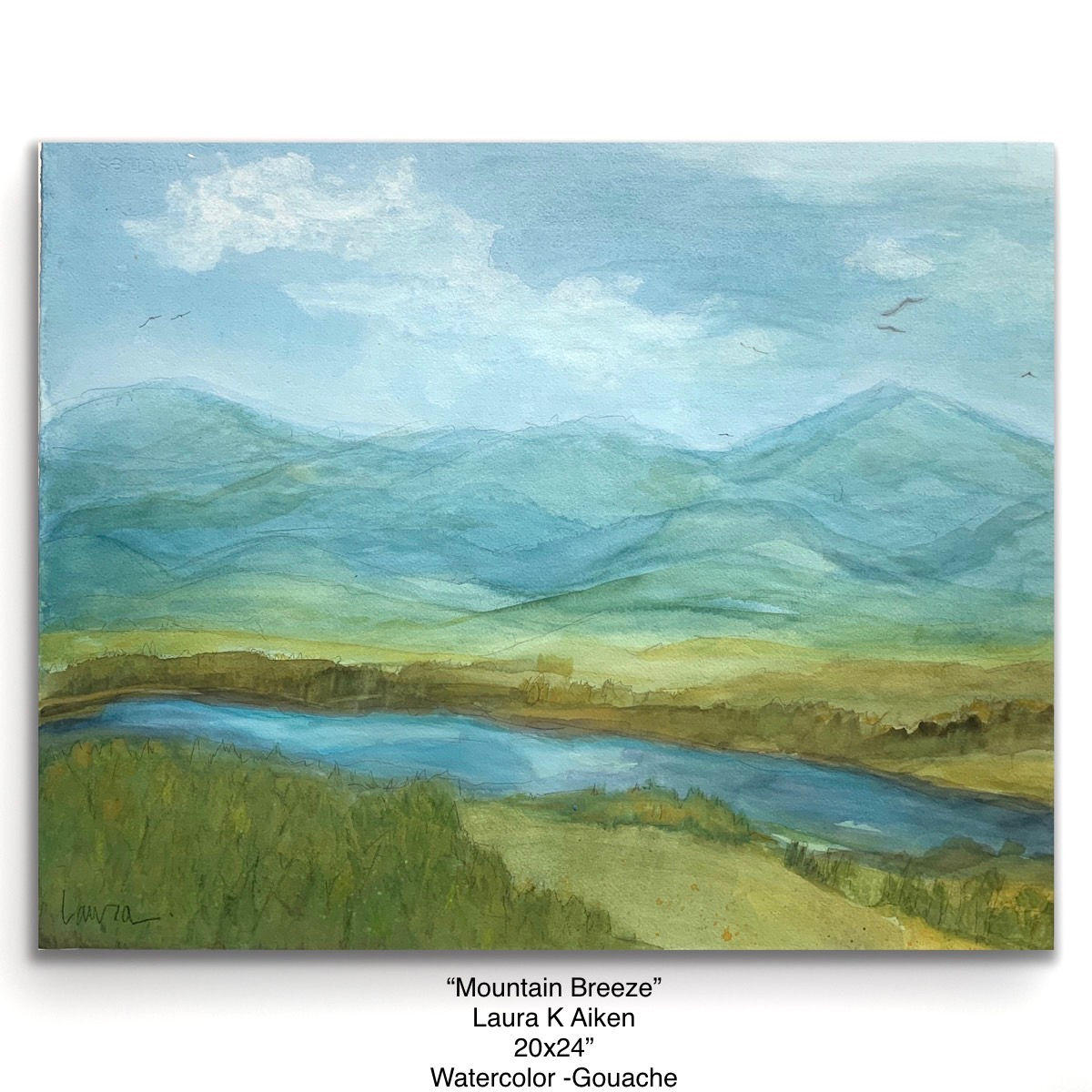 "Moutain Breeze" Watercolor by Laura K Aiken. Image of mountains and stream on a summer day by Laura K Aiken Studio