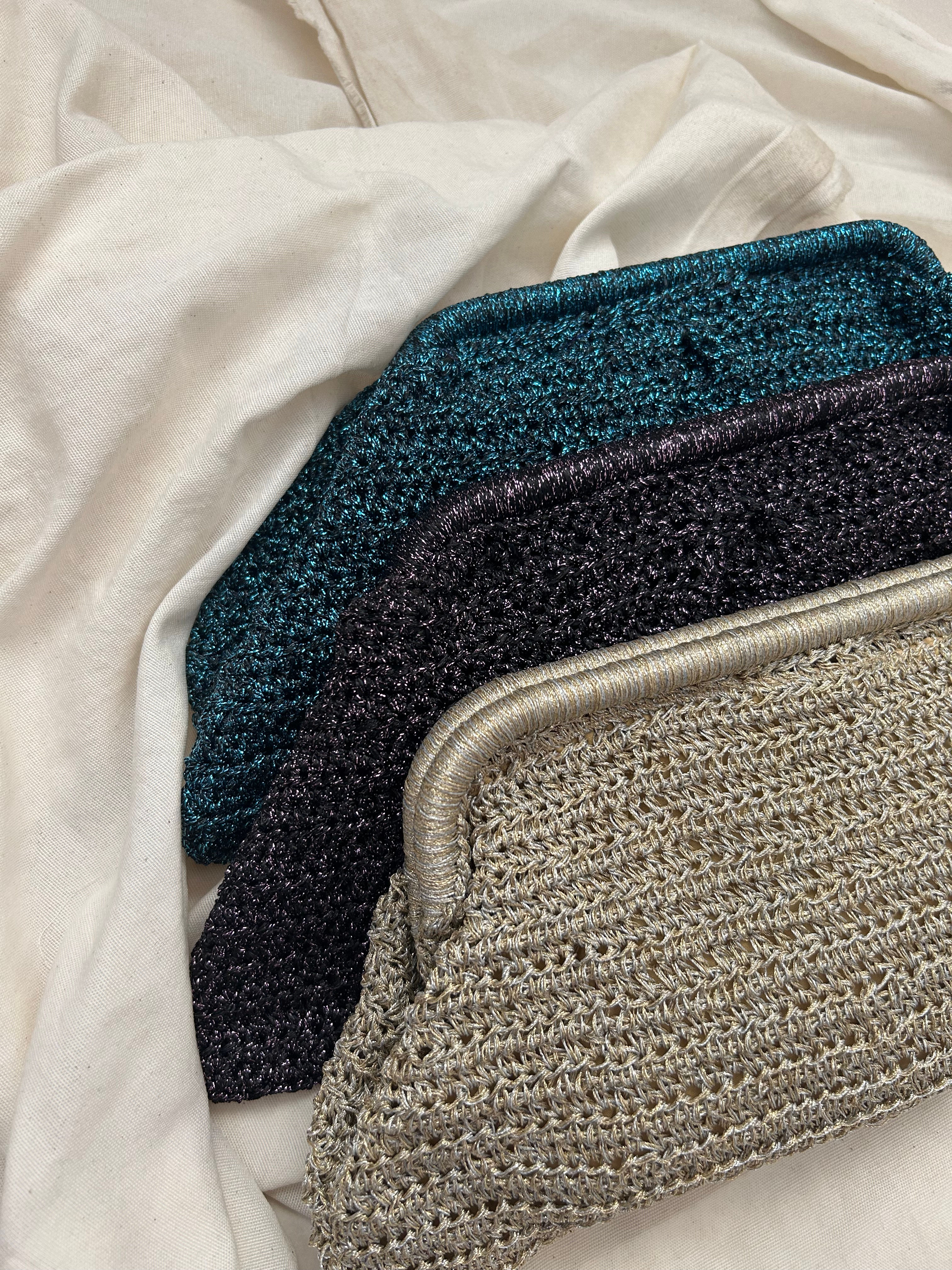 Metallic crochet clutch bag