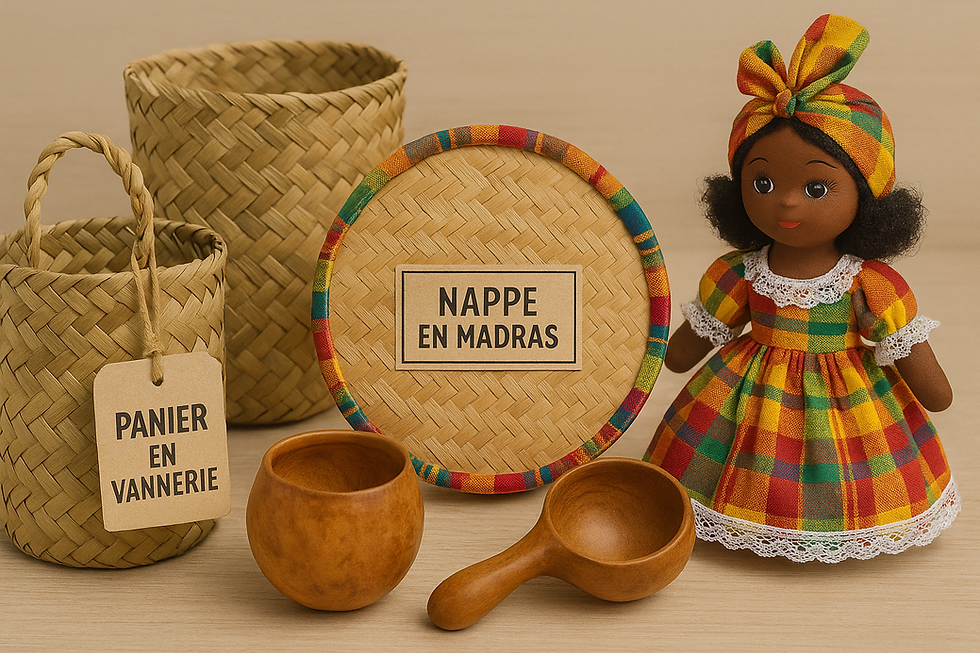 Objets artisanaux de Martinique : paniers en vannerie, nappe en madras, calebasses et poupée traditionnelle.
