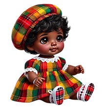 Détail de fabrication d'une poupée artisanale Madin Dolls en tissu madras.