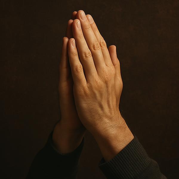 Close-up of two hands in prayer against a dark background, symbolizing faith, worship, and spiritual devotion.