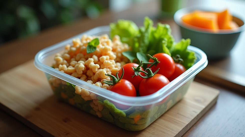 Close-up of a meal prep container with balanced healthy food