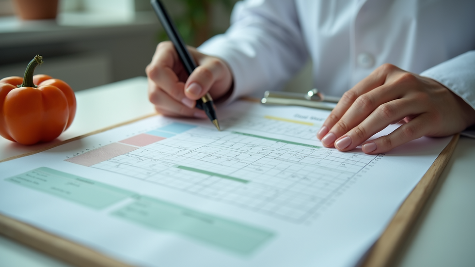 Eye-level view of a nutritionist planning a diet chart