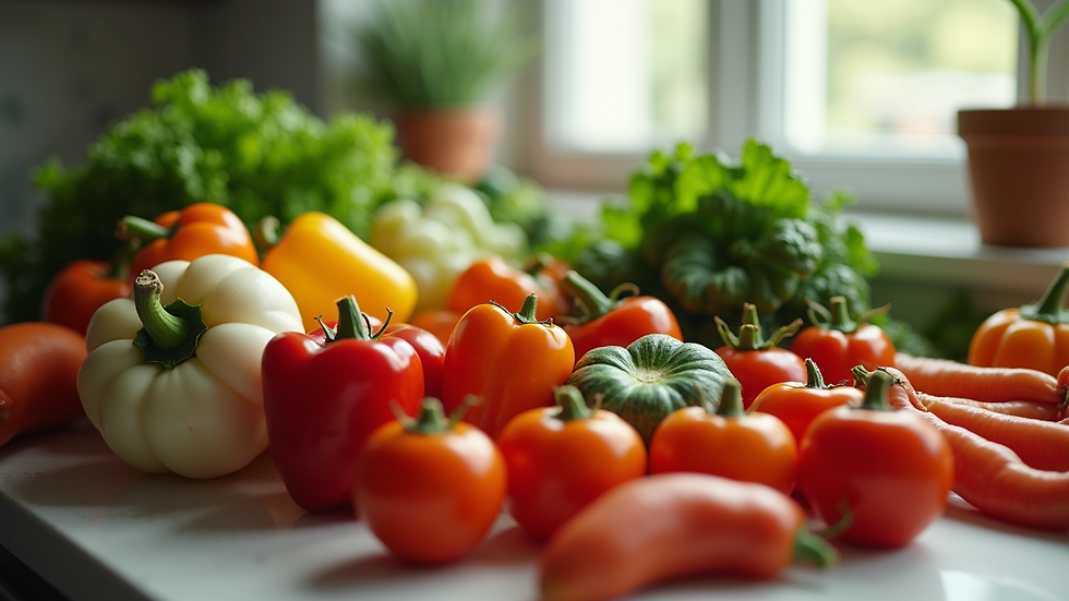High angle view of colorful fresh vegetables on a kitchen counter