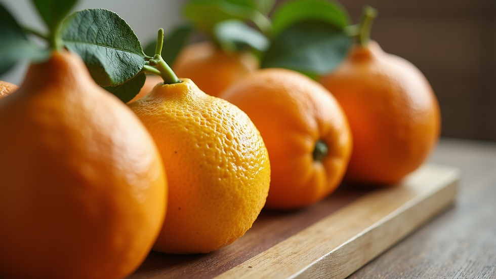 Close-up view of fresh citrus fruits on a wooden table