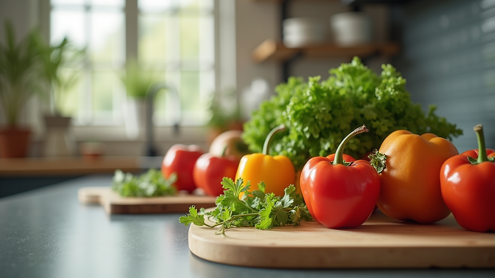 Eye-level view of a kitchen counter with fresh fruits and vegetables ready for meal preparation
