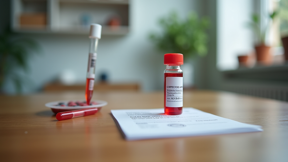 Close-up view of a blood sample collection kit on a wooden table