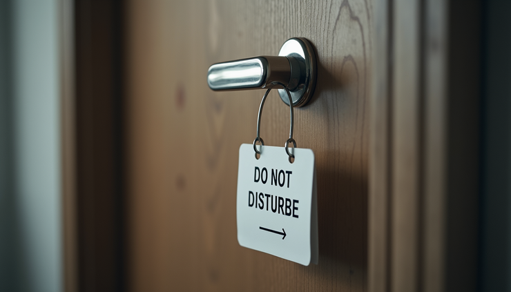 Eye-level view of a closed door with a “Do Not Disturb” sign hanging on the handle