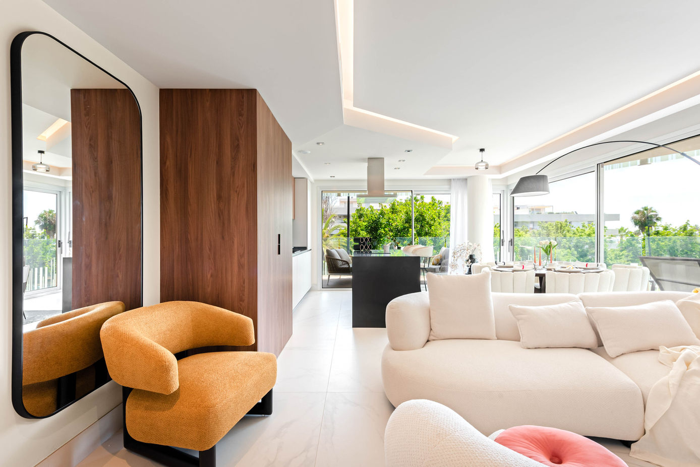 bright modern living room with yellow accents