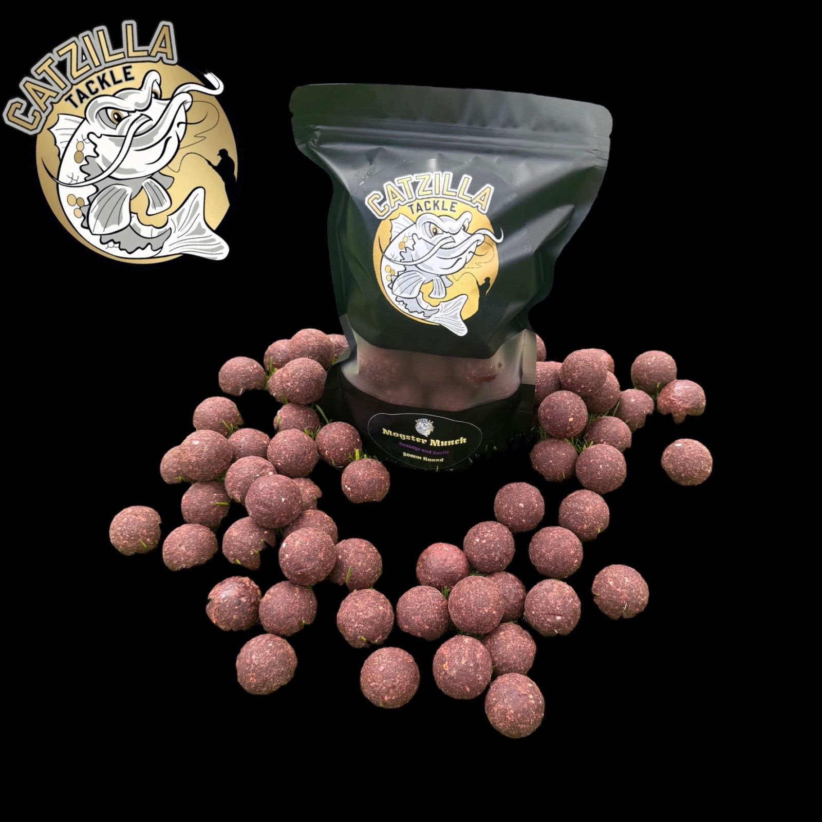 Mogster munch round 30mm sausage and garlic boilies handy pack catfish bait