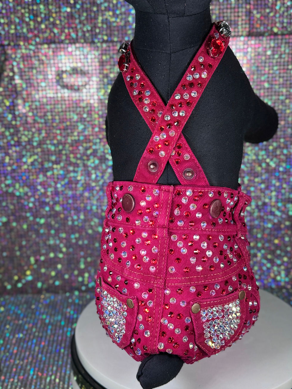 Thumbnail: Red /AB/Crystal  Glam Denim Overalls ( extra small/small)