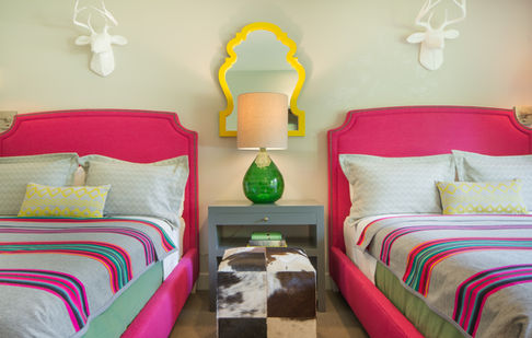 Laura Morawitz Interior Design, Ketchum Idaho, hot pink guest beds