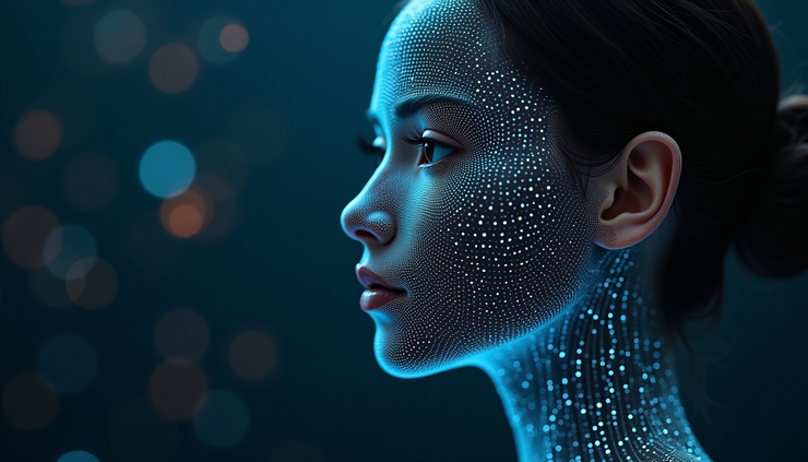 Eye-level view of a digital face composed of data points and lines