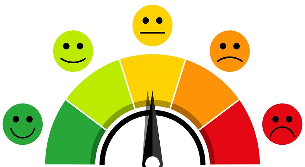 Colorful satisfaction meter with smiley faces ranging from happy to sad, indicating varying levels of customer satisfaction.