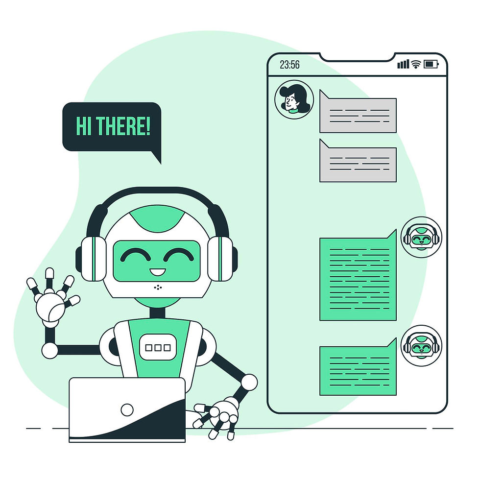 Cute AI chatbot with headphones saying 'Hi there!' next to a mobile screen displaying a chat conversation.