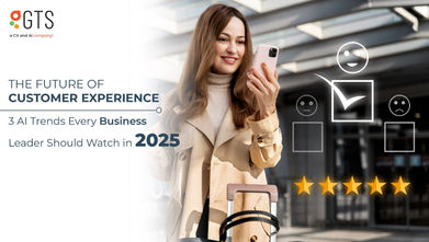 Smiling woman with luggage looking at her phone, symbolizing AI-powered customer experience with rating icons and five-star feedback.