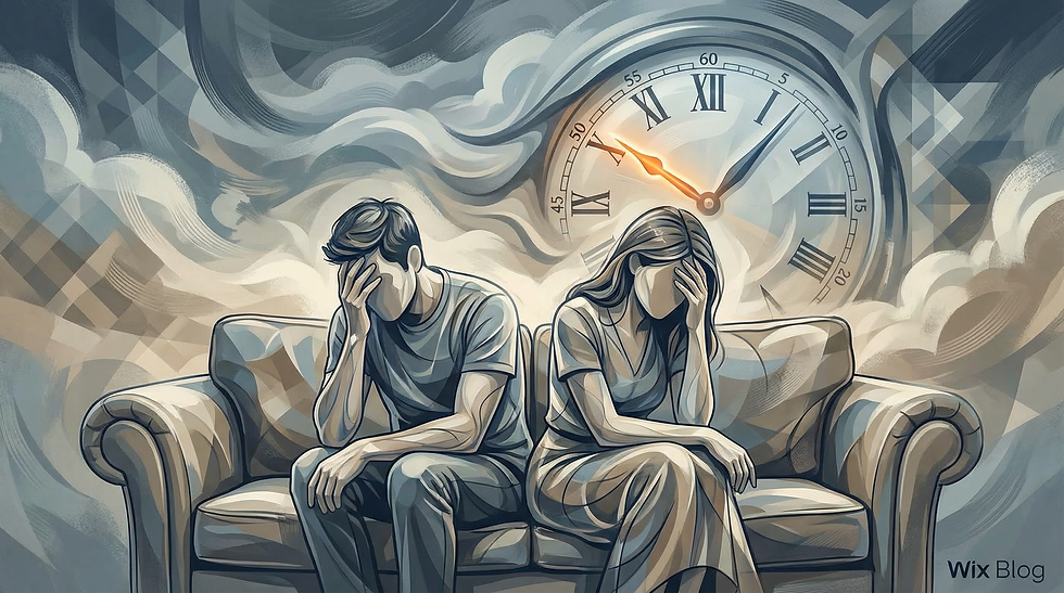 A man and woman sit on a sofa, heads in hands. A large clock in the background shows time passing, indicating stress. Artwork by Nano Banana Pro