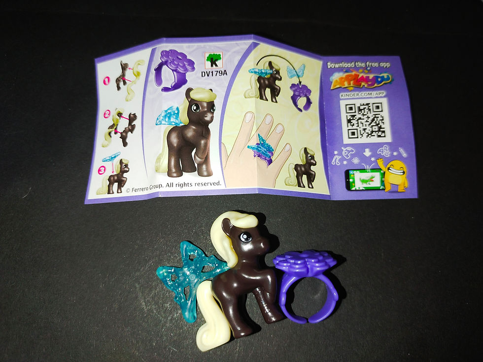 Hnědý poník s fialovým prstenem a návodem