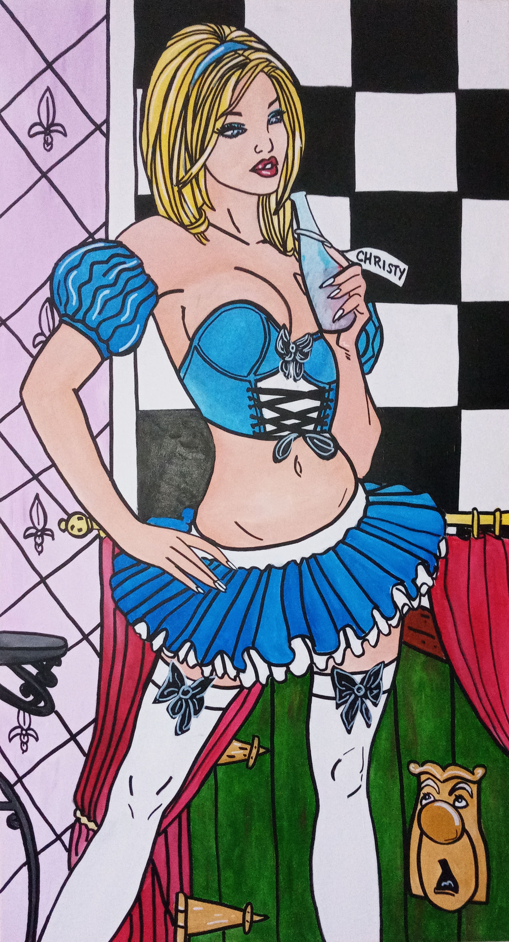 Atraktivní Alice s lahví