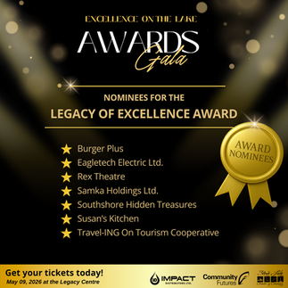 The logo of the Excellence on the Lake Award Gala on a black background with a gold shimmer. Nominees for the Legacy of Excellence Award. Burger Plus, Eagletech Electric Ltd., Rex Theatre, Samka Holdings Ltd., Southshore Hidden Treasures, Susan’s Kitchen, and Travel-ING On Tourism Cooperative