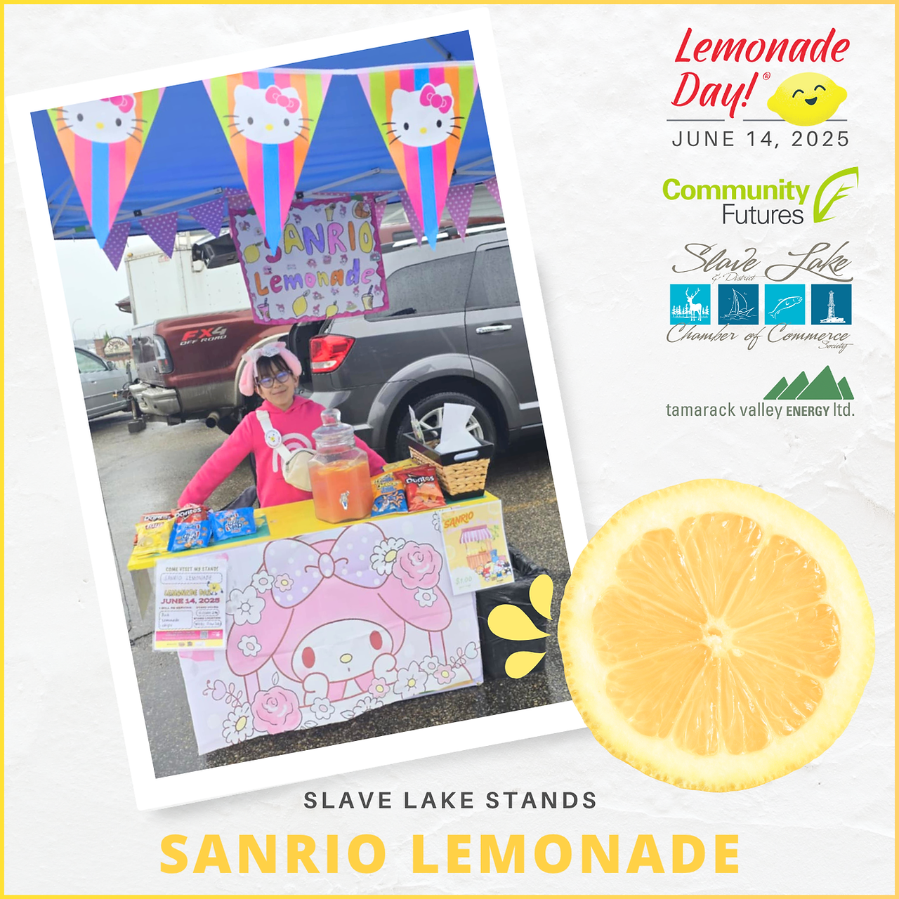 A photograph of kids by a lemonade stand, with a picture of a lemon on the bottom right